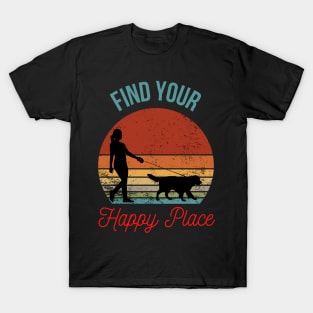 Find Your Happy Place: Silhouette of Girl Walking Dog with Retro Sunset Background T-Shirt